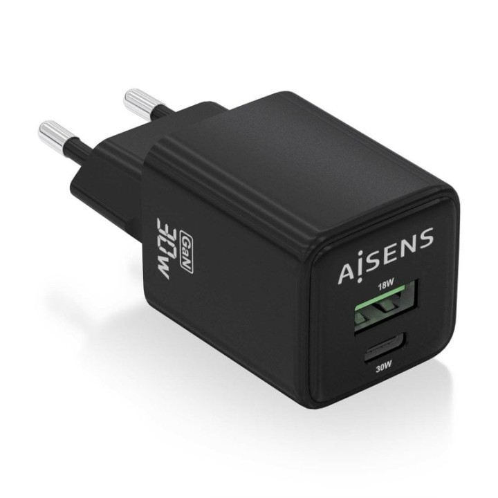 Aisens ASCH-30W2P038-BK Cargador GaN 30W 1xUSB-C PD3.0 QC4.0 1xUSB-A QC3.0 Negro