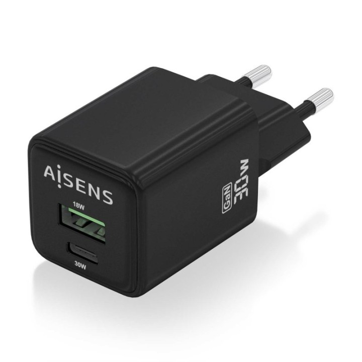 Aisens ASCH-30W2P038-BK Cargador GaN 30W 1xUSB-C PD3.0 QC4.0 1xUSB-A QC3.0 Negro