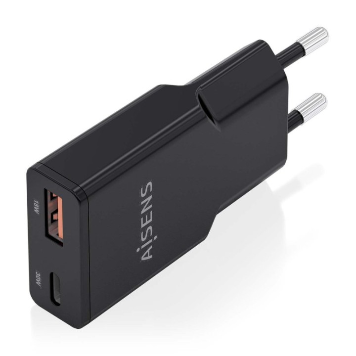 Aisens ASCH-30W2P047-BK Cargador GaN Ultra Slim 30W USB-C PD3.0 QC4.0 1xUSB-A QC3.0 Negro