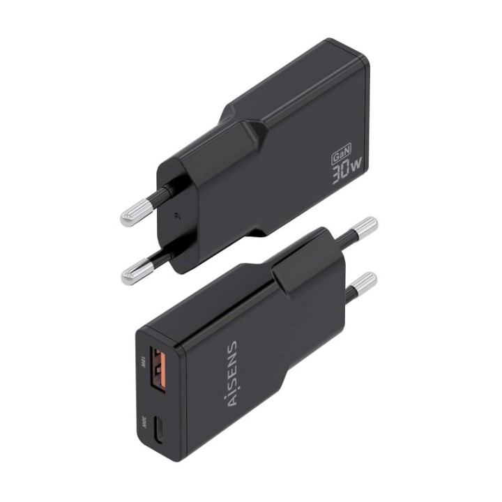 Aisens ASCH-30W2P047-BK Cargador GaN Ultra Slim 30W USB-C PD3.0 QC4.0 1xUSB-A QC3.0 Negro