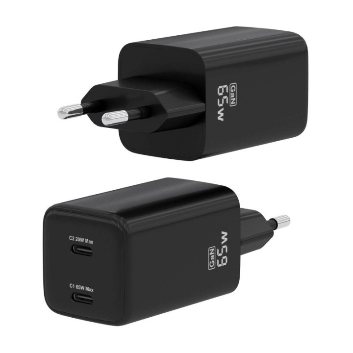 Aisens ASCH-65W2P040-BK Cargador GaN 65W 2xUSB-C PD3.0 QC4.0 Negro