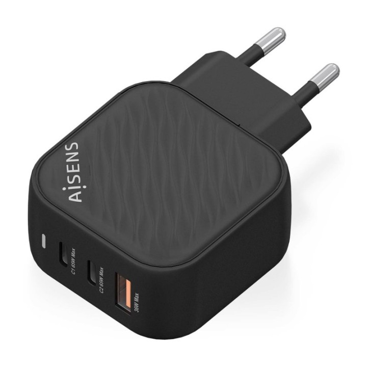 Aisens ASCH-65W3P027-BK Cargador GaN 65W 2xUSB-C PD3.0 QC4.0 1xUSB-A QC3.0 Negro