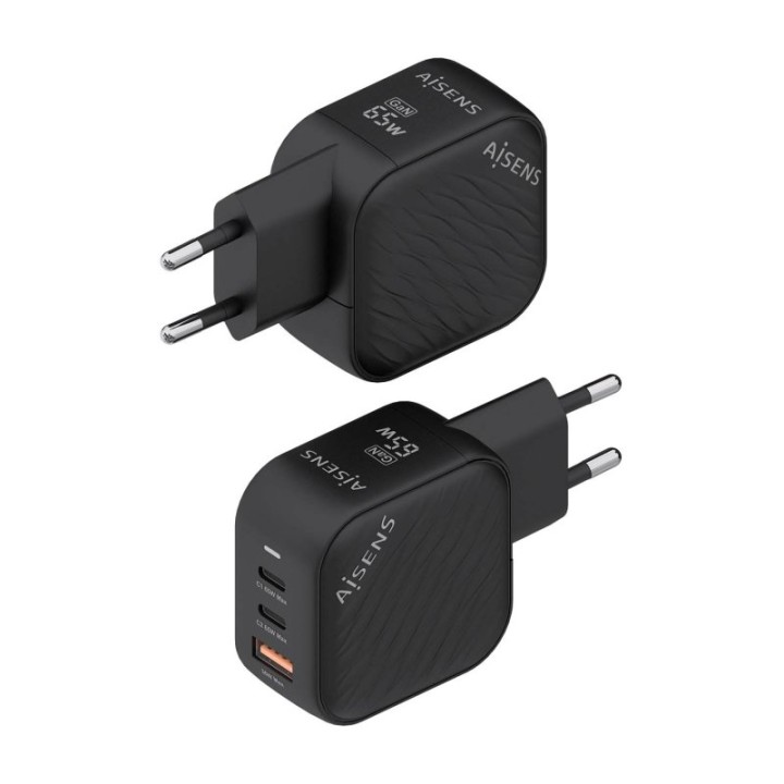 Aisens ASCH-65W3P027-BK Cargador GaN 65W 2xUSB-C PD3.0 QC4.0 1xUSB-A QC3.0 Negro
