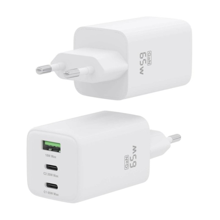 Aisens ASCH-65W3P041-W Cargador GaN 65W 2xUSB-C PD3.0 QC4.0 1xUSB-A QC3.0 Blanco