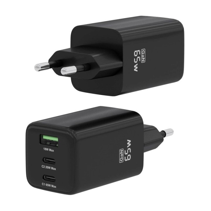 Aisens ASCH-65W3P042-BK Cargador GaN 65W 2xUSB-C PD3.0 QC4.0 1xUSB-A QC3.0 Negro