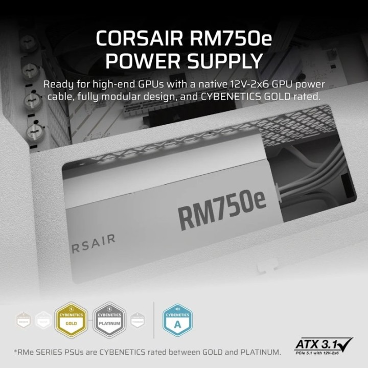 Corsair RMe Series RM750e ATX 3.1 PCIe 5.1 750W Cybenetics 80 Plus Gold Modular Blanca