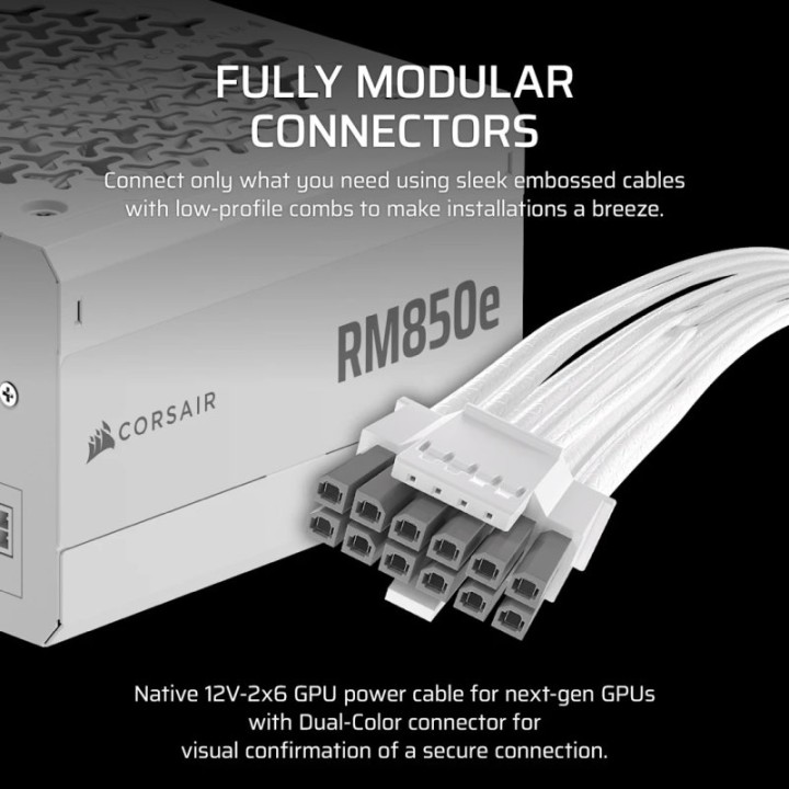 Corsair RMe Series RM850e ATX 3.1 PCIe 5.1 850W Cybenetics 80 Plus Gold Modular Blanca