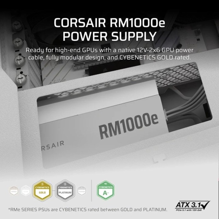 Corsair RMe Series RM1000e ATX 3.1 PCIe 5.1 1000W Cybenetics 80 Plus Gold Modular Blanca