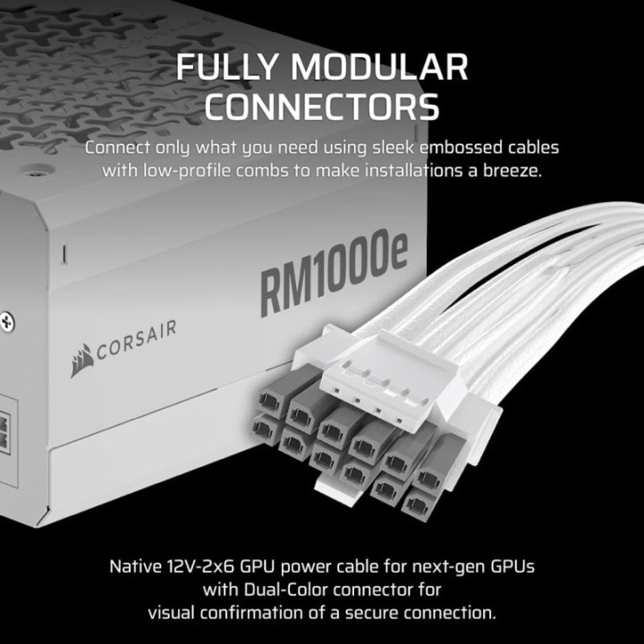 Corsair RMe Series RM1000e ATX 3.1 PCIe 5.1 1000W Cybenetics 80 Plus Gold Modular Blanca