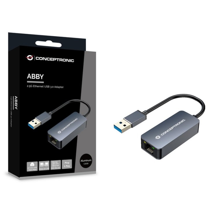 Conceptronic Adaptador de Red USB 3.2 Gen 1 a RJ-45 2.5GbE Wake-on-LAN Gris