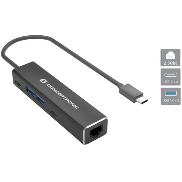 Conceptronic Adaptador de Red USB-C a 2.5GbE con Hub USB de 2x Puertos USB-A + 2x Puertos USB-C Gris