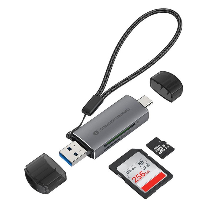 Conceptronic BIAN05G Lector de Tarjetas SD/MicroSD 3.0 USH-I de Doble Conector USB-A/USB-C 3.0