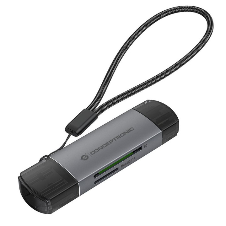 Conceptronic BIAN05G Lector de Tarjetas SD/MicroSD 3.0 USH-I de Doble Conector USB-A/USB-C 3.0