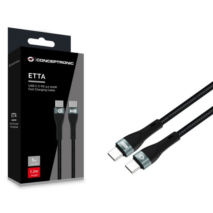 Conceptronic Cable de Carga Rápida USB-C PD 3.0 100W 20V/5A 480Mbps con Chipset E-Mark 1.2m Negro