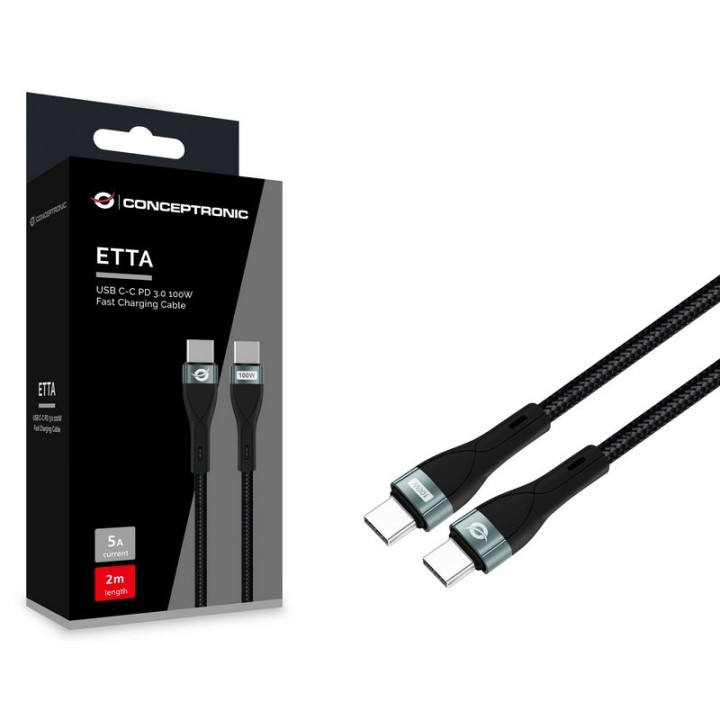Conceptronic Cable de Carga Rápida USB-C PD 3.0 100W 20V/5A 480Mbps con Chipset E-Mark 2m Negro