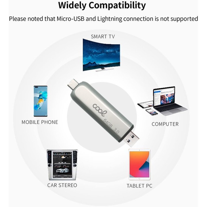 Cool Pen Drive USB 3.0 256GB Tipo-C / USB (2 en 1) Plata