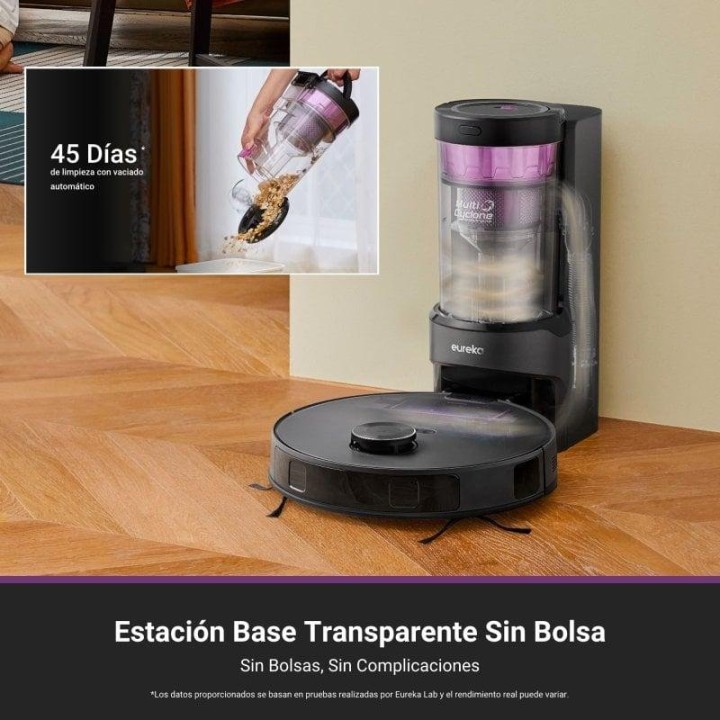 Eureka E20 Plus Robot Aspirador Con Autovaciado Evita Obstáculos Para Alfombras Y Mascotas Negro
