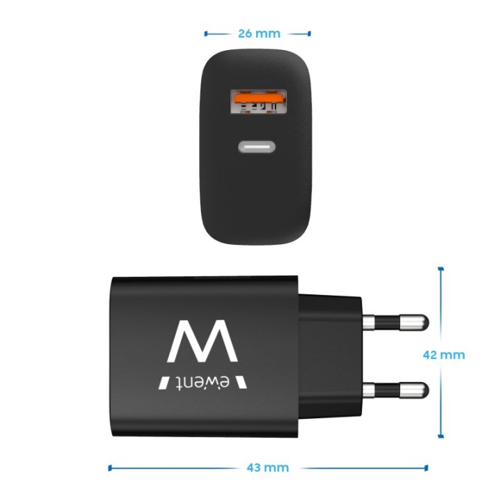 Ewent EW1319 Cargador Rápido con 1x USB-C 20W con Power Delivery + 1x USB-A QC3.0 Negro