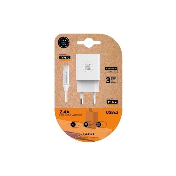 Tech One Tech TEC2403 Cargador de Pared 2xUSB 2.4A + Cable USB-C Blanco