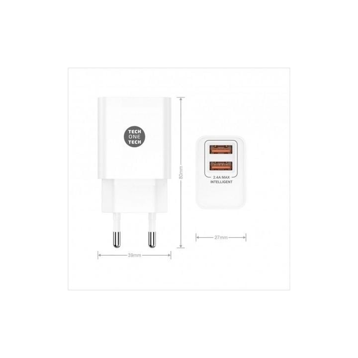 Tech One Tech TEC2403 Cargador de Pared 2xUSB 2.4A + Cable USB-C Blanco