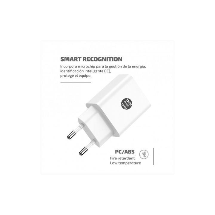 Tech One Tech TEC2403 Cargador de Pared 2xUSB 2.4A + Cable USB-C Blanco