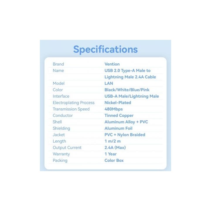 Vention LANWH Cable USB-A Lightning 2m 480Mbps Blanco