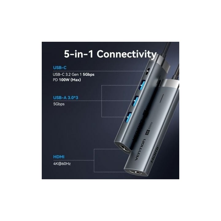 Docking Vention TGMHB USB Tipo-C 3xUSB 3.0 HDMI 4K 1xUSB-C PD 100W Aluminio