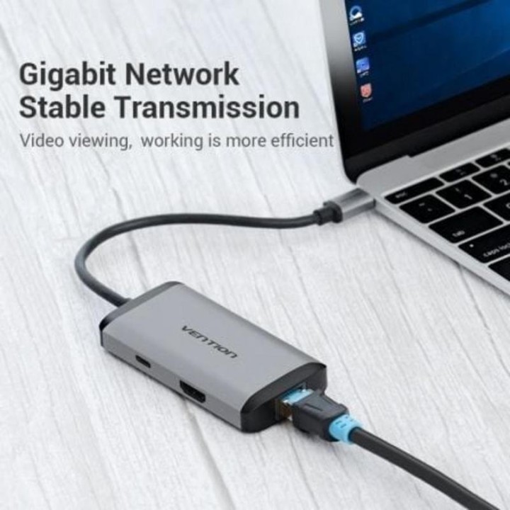 Docking Vention CNCHB USB-C HDMI 4K 3xUSB 1xUSB-C PD RJ45 Gris