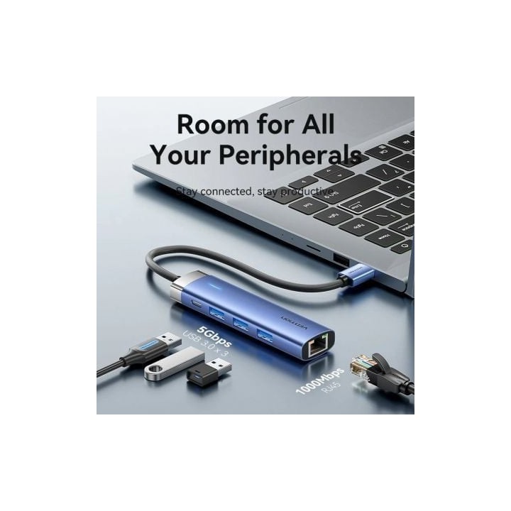 Hub USB Vention TGFSB 3xUSB 3.0/RJ45/USB-C PD Aleación Aluminio 5Gbps