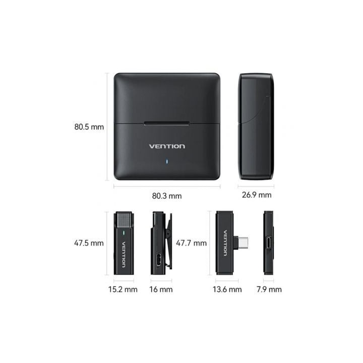 Micrófono Vention NCAB0 USB-C inalámbrico doble con cancelación de ruido y estuche carga