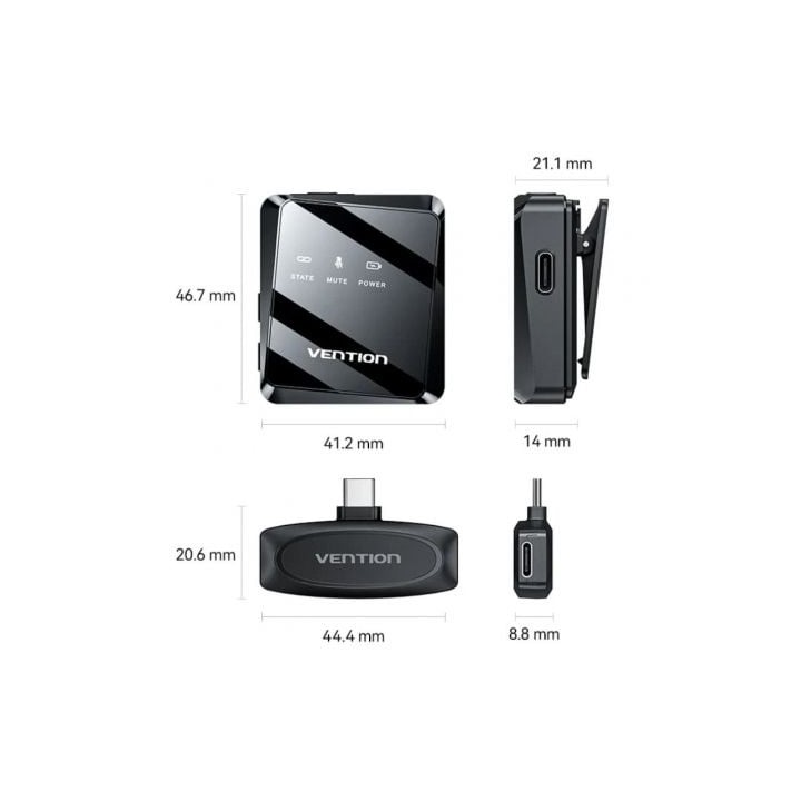 Micrófono Vention NCBB0 USB-C inalámbrico omnidireccional pack 2 clip cancelación de ruido