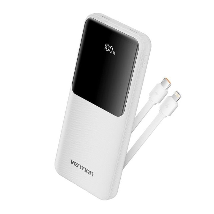 Vention FHOW0 PowerBank 10000mAhcon cable USB-C y Lightning Integrado 22.5W LED Display Blanco