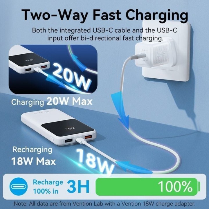 Vention FHOW0 PowerBank 10000mAhcon cable USB-C y Lightning Integrado 22.5W LED Display Blanco