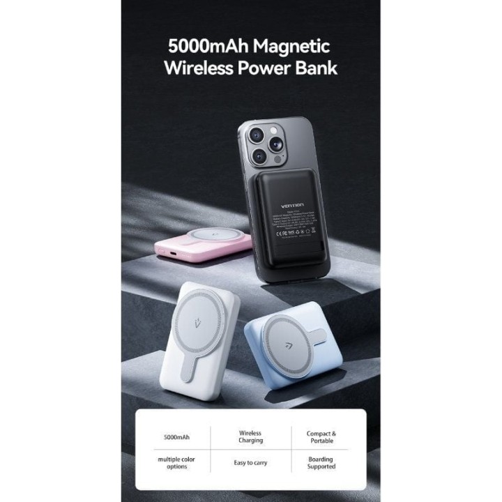 Vention FHSP0 PowerBank 5000mAh Magnetic Wireless (USB-C+C+Wireless) 20W Rosa
