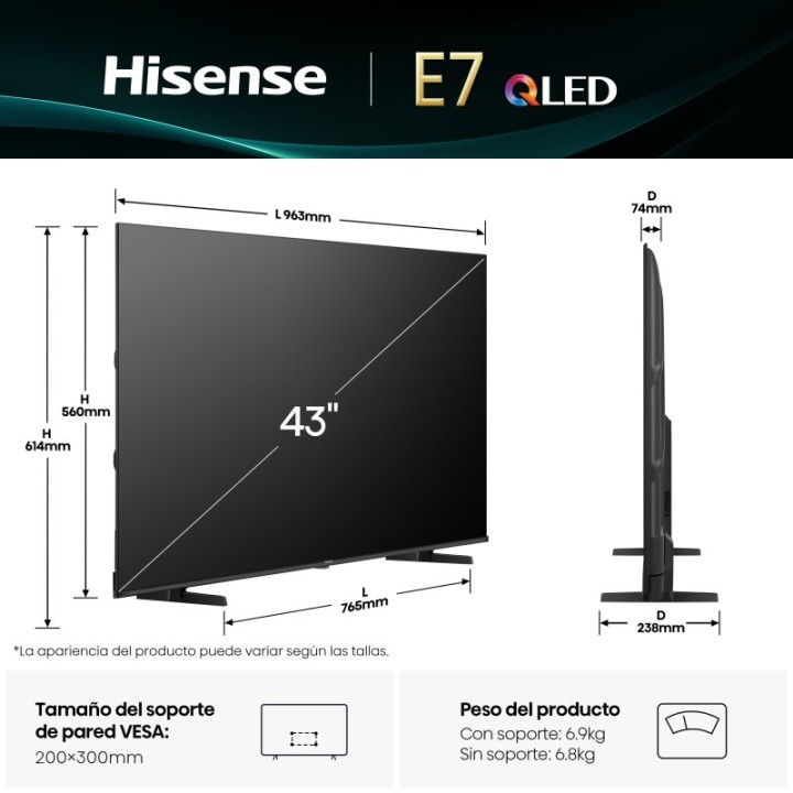 Hisense QLED 43" 43E7Q 4K Ultra HD Smart TV VIDAA WiFi Dolby Vision HDMI 2.1