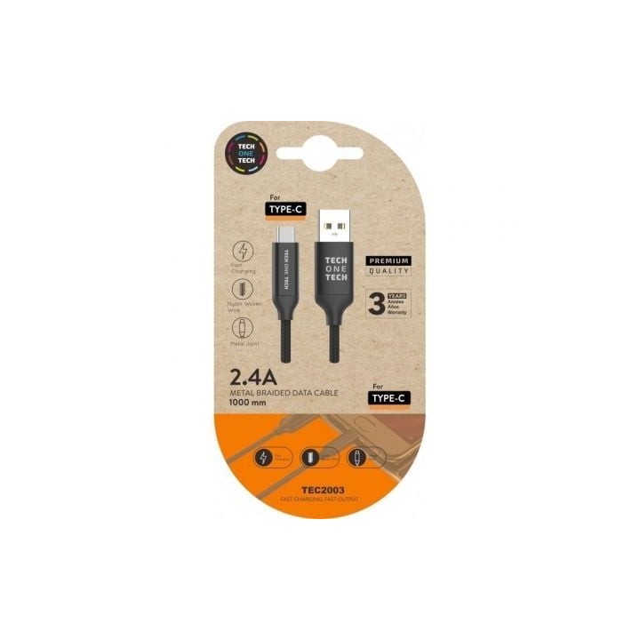 Cable USB Tech One Tech TEC2003 USB 2.0 Tipo-C macho a USB-A macho 1m Nylon 2,4A Negro
