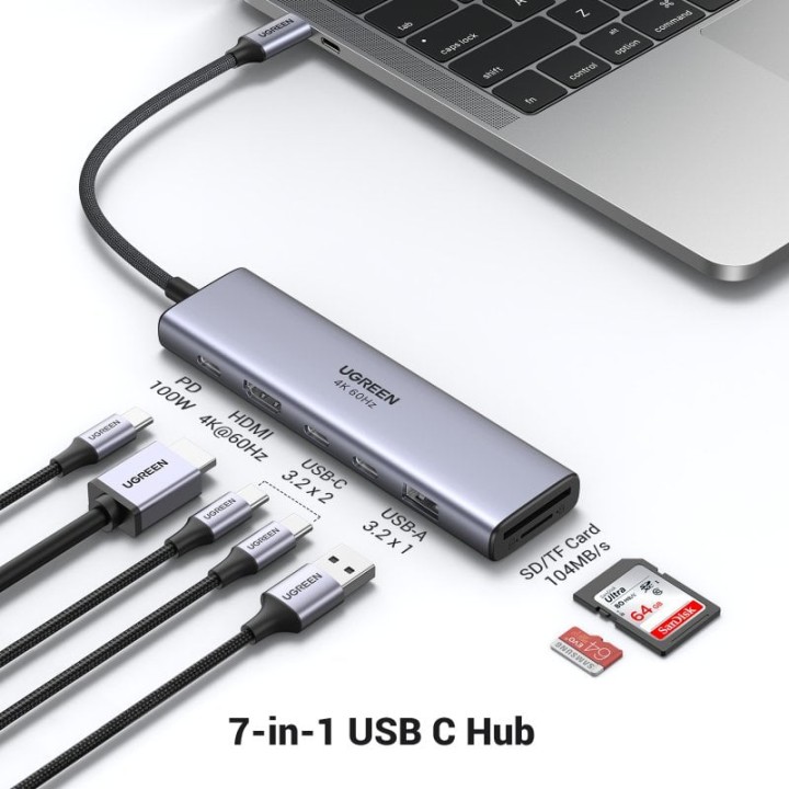 Hub USB-C Ugreen Revodok 7 en 1 HDMI 4K60Hz 2xUSB-C3.2 USB-A3.2 SD/TF PD100W Gris