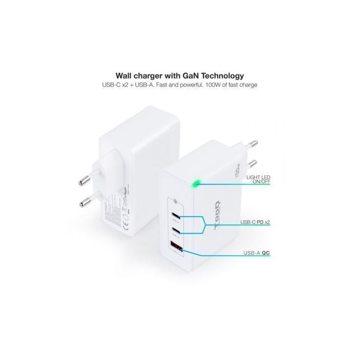 Cargador de Pared TOOQ TQWC-GANQC2PD100W 2xUSB-C 1xUSB-A GaN 100W Blanco