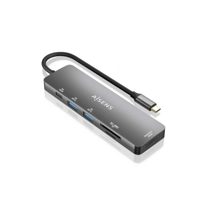 Docking station AISENS ASUC-6P016-GR HDMI 4K/2xUSB-A/SD-microSD/USB-C PD 100W/Aluminio