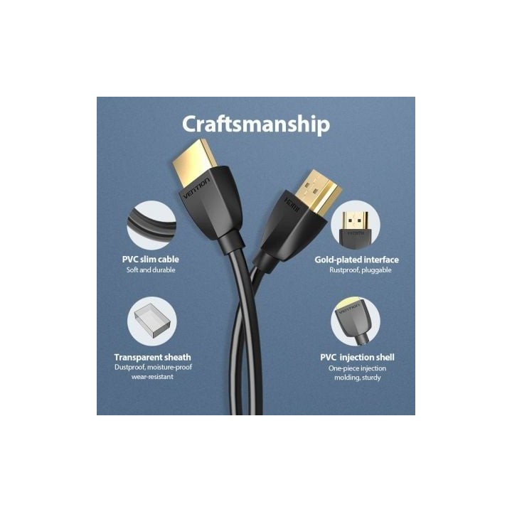 Cable HDMI Vention AAIBG 2.0 4K 1.5m Negro ultrafino HDR 18Gbps TMDS Gold