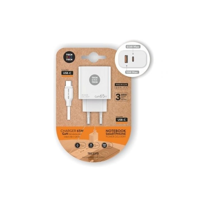 Cargador GaN Tech One Tech PD TEC2273 65W USB-C/USB-A Carga Rápida y Cable 1,2m