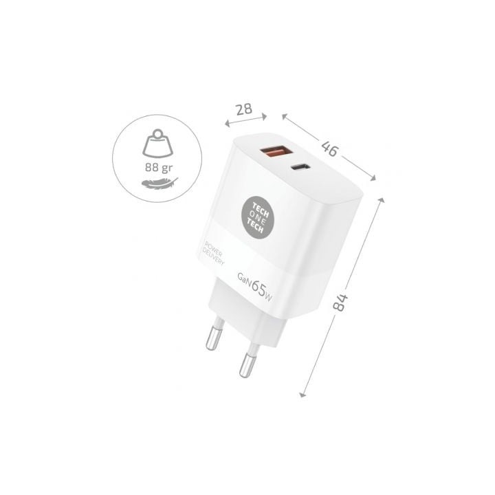 Cargador GaN Tech One Tech PD TEC2273 65W USB-C/USB-A Carga Rápida y Cable 1,2m