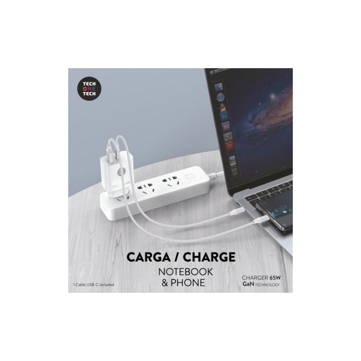 Cargador GaN Tech One Tech PD TEC2273 65W USB-C/USB-A Carga Rápida y Cable 1,2m