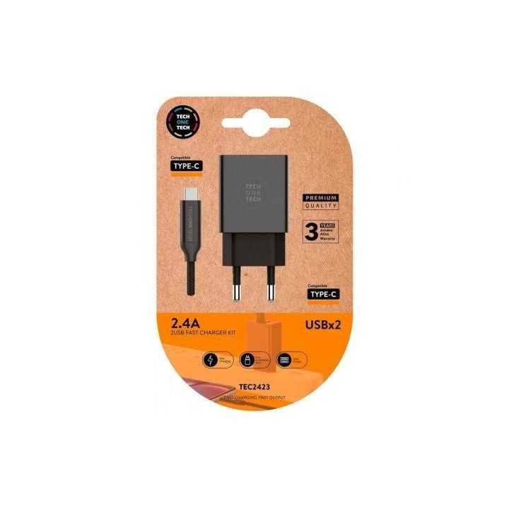 Cargador de Pared TECH ONE TECH TEC2423 2xUSB 2.4A con Cable USB Tipo-C Negro