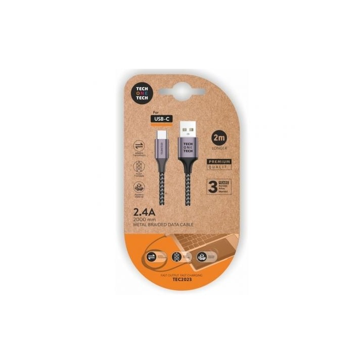 Cable USB-C TECH ONE TECH TEC2023 2m 2.4A Trenzado Nylon Gris