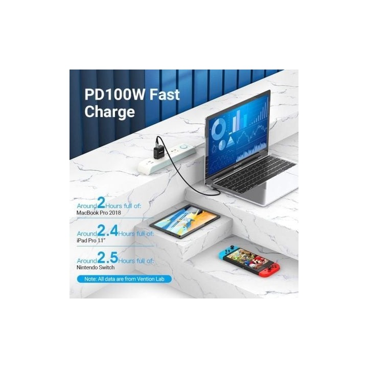 Cable USB 2.0 Vention TAKHF Tipo-C a Tipo-C 90º 100W 480Mbps 1m Gris