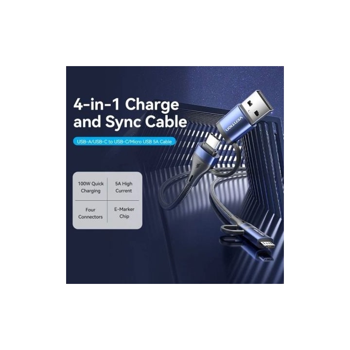 Cable USB Vention CTLLF 4 en 1 100W 1m Negro y Azul