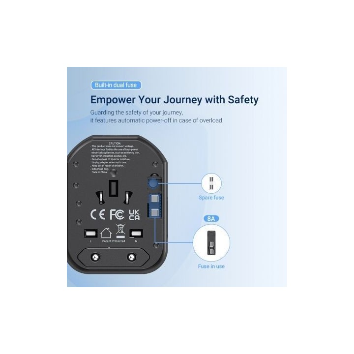 Cargador de Pared Universal Vention FJCB0 20W 1xUSB-C 2xUSB All in One Viaje Negro