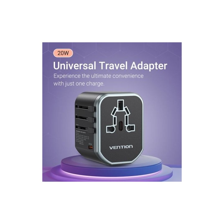 Cargador de Pared Universal Vention FJCB0 20W 1xUSB-C 2xUSB All in One Viaje Negro