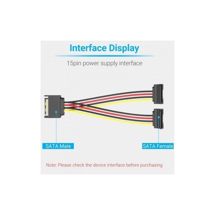 Cable Alimentación Vention KDBBB SATA Macho a 2x SATA Hembra 0,15m 18AWG Negro